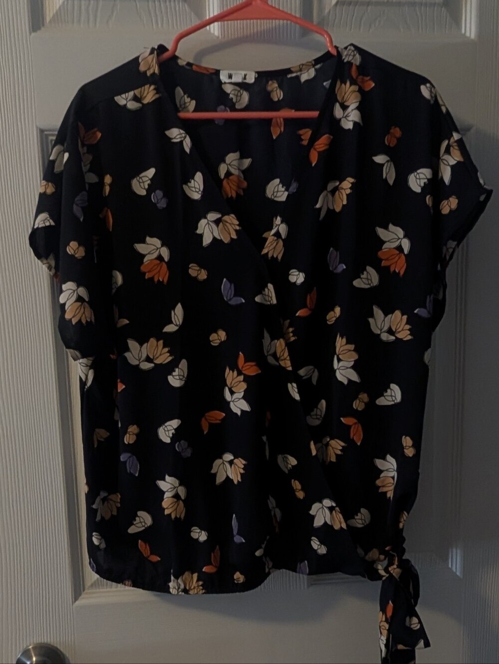 Floral Woven, Dark Navy, Short Sleeve Surplice Top